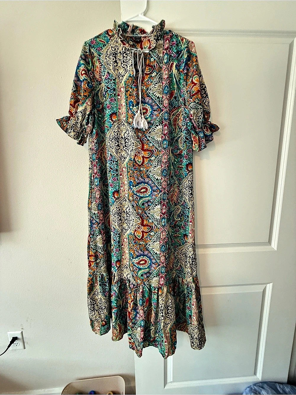 SHEIN VCAY Paisley & Floral Print Tie Front Flutter Sleeve Ruffle Hem Dress Maxi